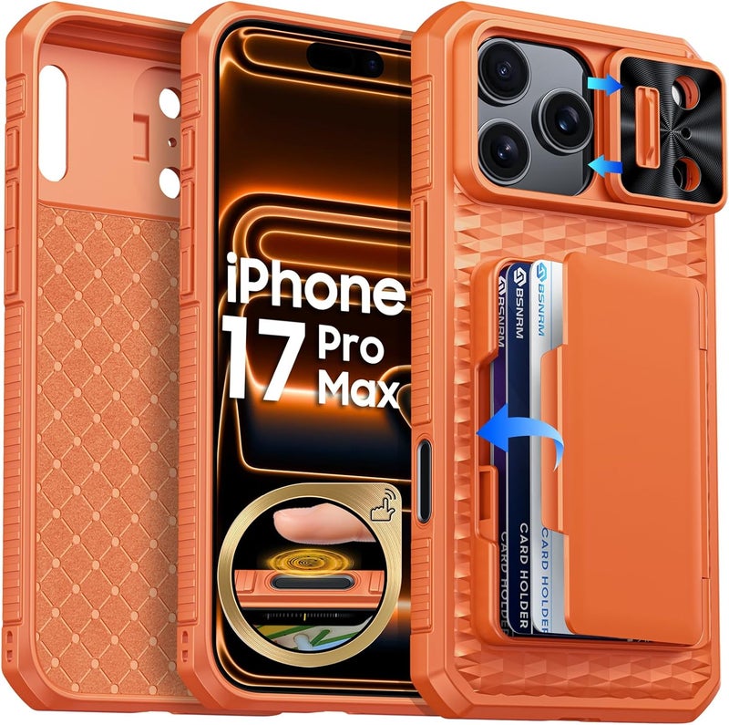 BSNRM for iPhone 17 Pro Max Case Wallet, Built-in RFID Blocking Card Holder (4-5 Cards), Camera Control Button, Slide Camera Cover, Shockproof Rugged Silicone Phone Case for iPhone 17 Pro Max, Orange - Image 1